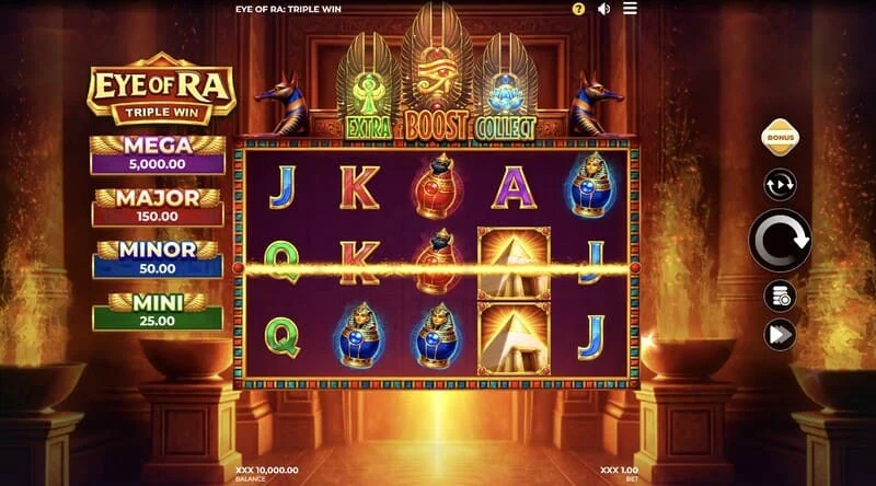 Eye of Ra Triple Win - pantalla de juego principal con cinco rodillos